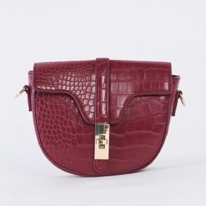 Red Faux Gator Skin Semi Circle Crossbody Bag